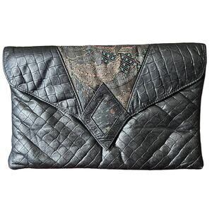 Vintage 80s Bassous by Jane Genuine Leather Clutch Bag Crocodile Black USA 70s